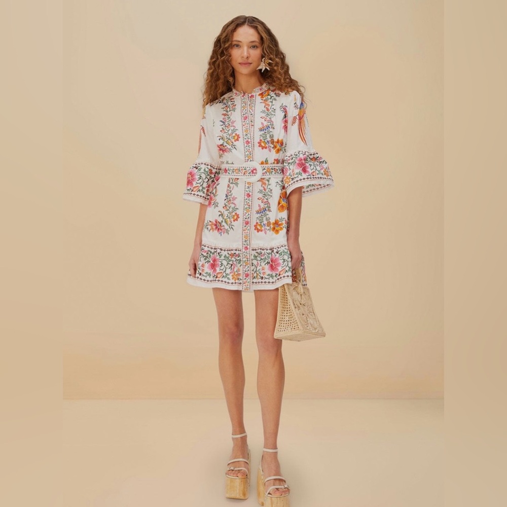 FARM Rio White Floral Embroidered Mini Dress with Pink & Orange Accents - Picture 2 of 7
